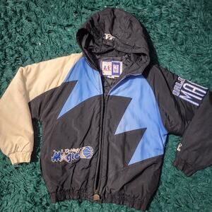 Vintage Orlando Magic NBA Logo Athletic Hooded Puffer Jacket Black Blue L
